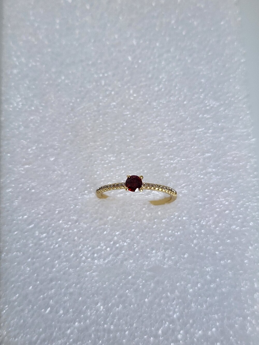 Gold Plated Garnet Red Solitaire Ring CZ Pave Band Dainty Stackable Size 7 - Picture 2 of 5